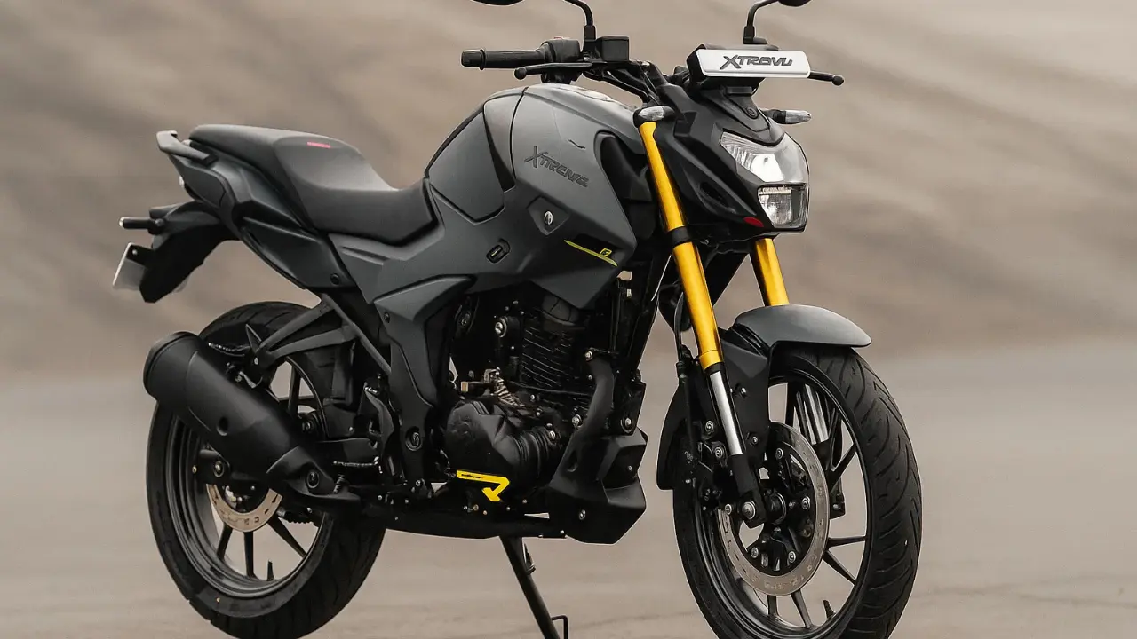 Hero Xtreme 160R 4V Combat Edition features update showing the motorcycle in matte black with golden forks parked outdoors