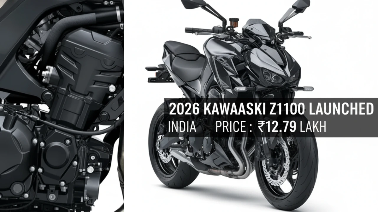 2026 Kawasaki Z1100 Supernaked motorcycle engine detail and front view, highlighting the aggressive design and new model launch. Shows the official Kawasaki Z1100 price in India.