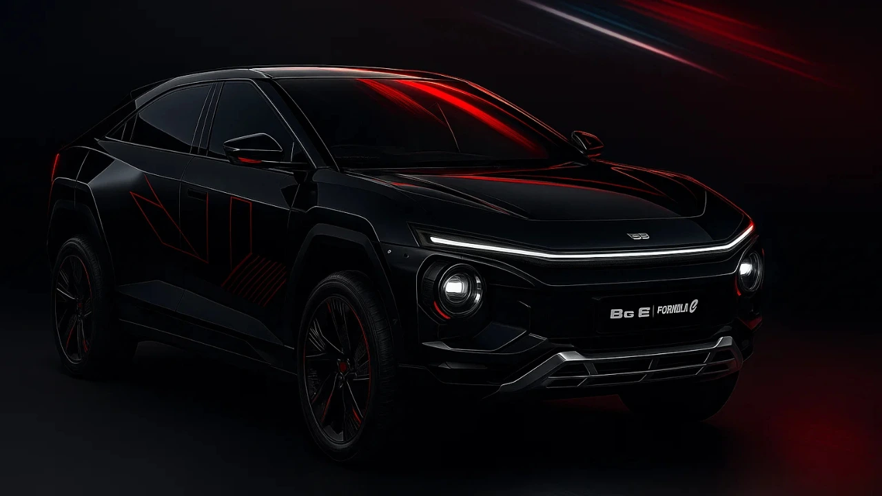 Mahindra BE 6 Formula E Edition electric SUV in black with Formula E inspired design and LED headlights
