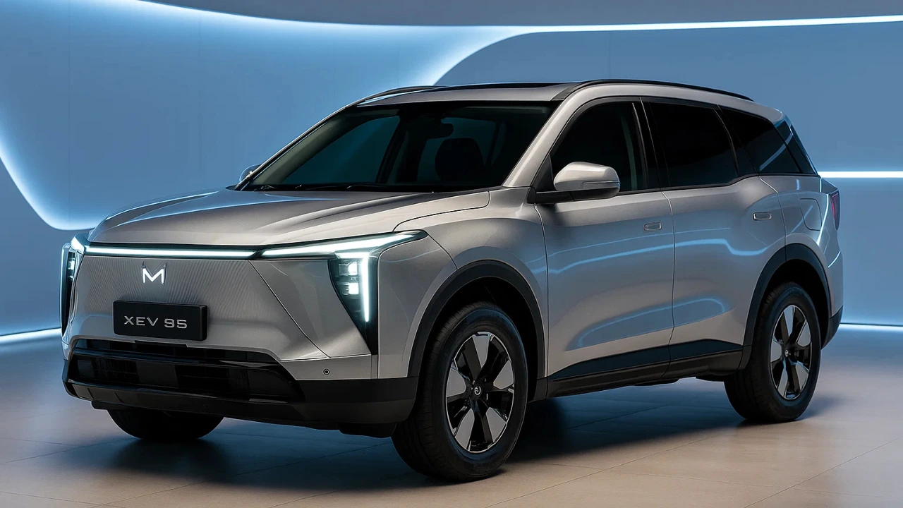 Mahindra XEV 9S Electric SUV showcased in modern showroom with LED lighting front three quarter view