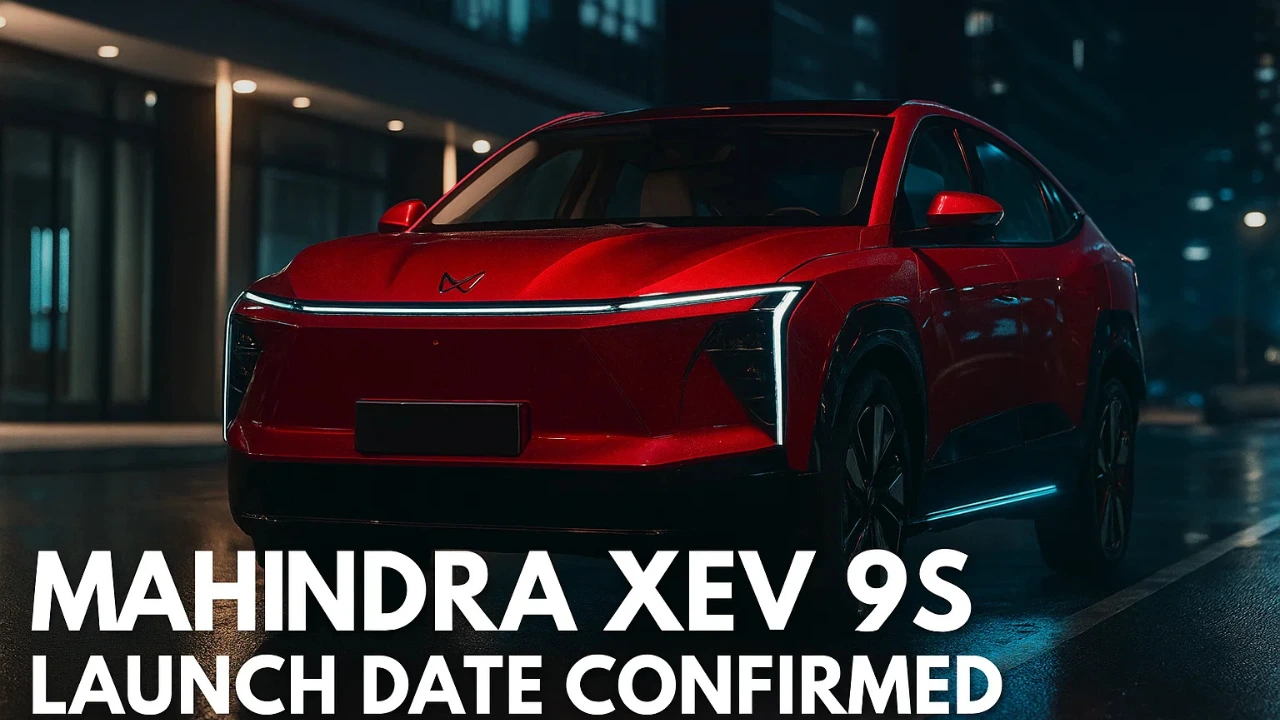 Mahindra XEV 9S launch date confirmed with red electric SUV front view at night