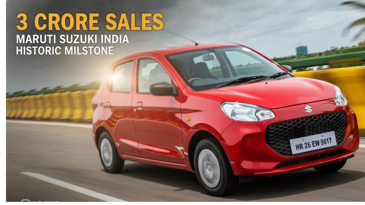 Red Maruti Suzuki Alto (a top-selling model) driving on a highway, representing the Maruti Suzuki 3 crore sales milestone, the first domestic sales record of its kind in India.