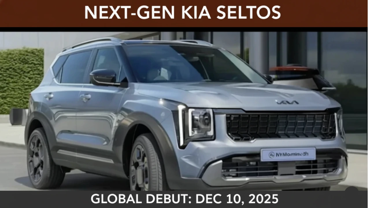 Next-Gen Kia Seltos 2025 model shown in a sleek grey color, with "NEXT-GEN KIA SELTOS" and "GLOBAL DEBUT: DEC 10, 2025" text. This image serves as a visual for the Next-Gen Kia Seltos Launch details.