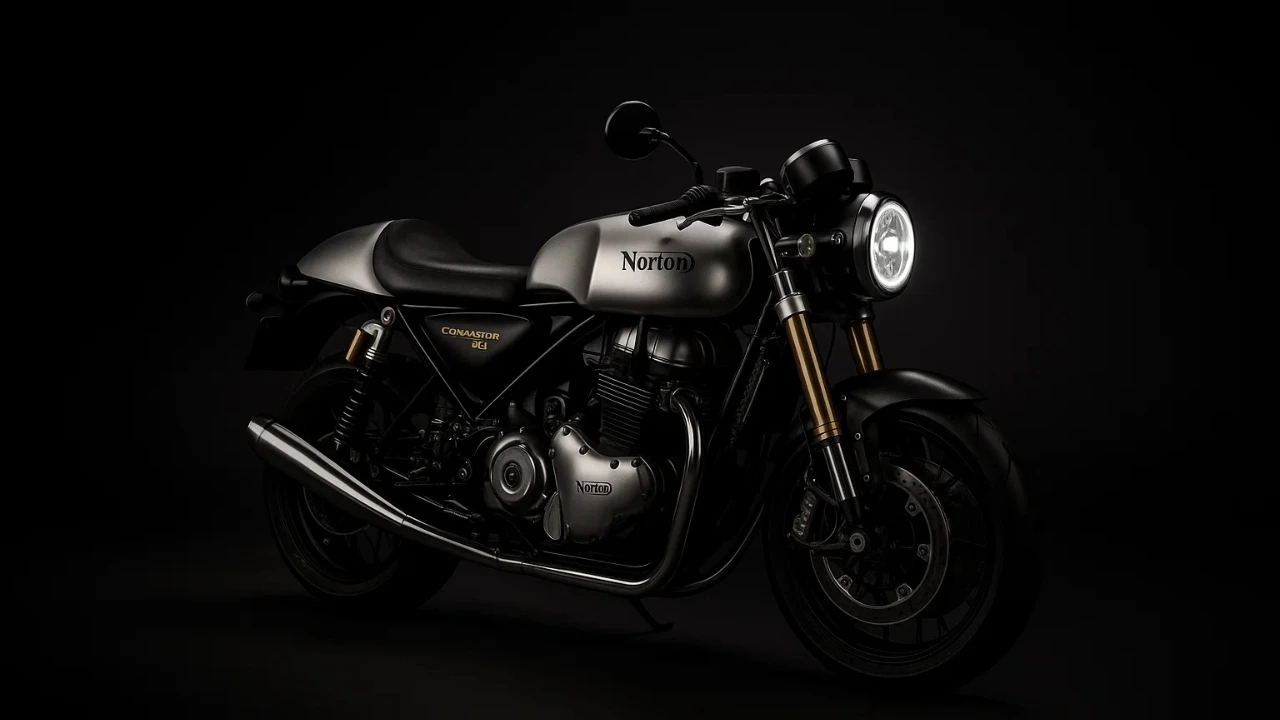 Norton Manx R India showcased in a dark studio with retro-racer design, round LED headlamp and premium café-racer styling