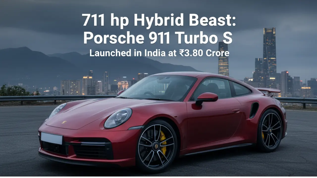 Side profile of the new Porsche 911 Turbo S (992.2) hybrid, finished in dark red, parked with a modern city skyline and mountains in the background, signifying its India launch.