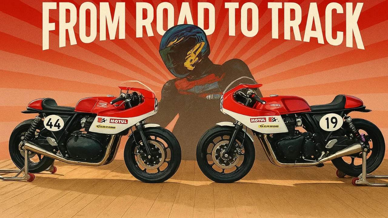 Royal Enfield Continental GT-R 750 race prototype motorcycles showcased with retro cafe racer design setup