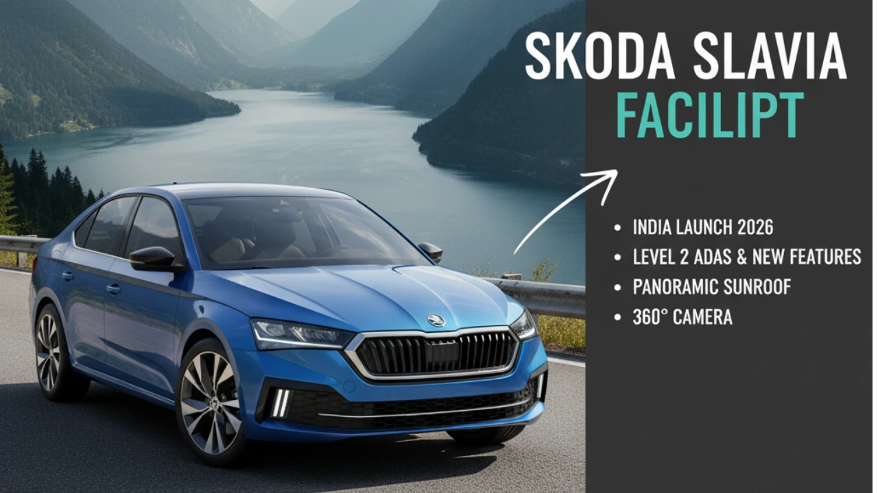 Thumbnail for Skoda Slavia facelift article, showing a camouflaged Skoda Slavia facelift test mule and a blue current-gen Skoda Slavia with text 'Skoda Slavia Facelift - India Launch 2026, ADAS & New Features, Spy Shots & Teasers'."