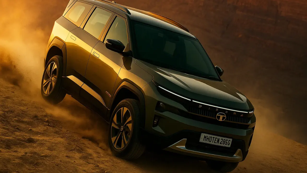 Tata Sierra AWD SUV climbing a dusty off road trail with rugged design and LED DRL lamps