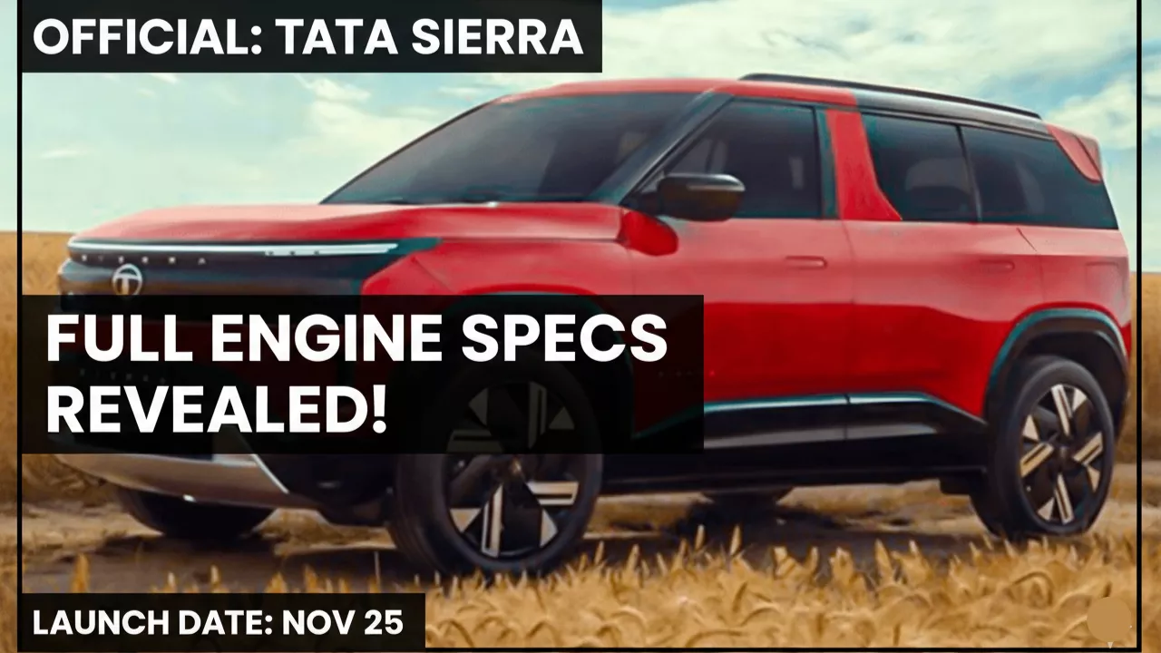 Thumbnail image for the article 'Tata Sierra Engine Specs,' showing the new red Tata Sierra SUV on an off-road track with a black roof, and text overlay reading 'FULL ENGINE SPECS REVEALED!' and 'LAUNCH DATE: NOV 25'.