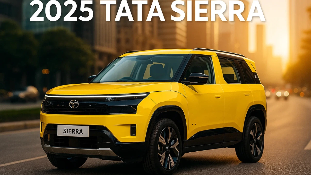 Tata Sierra price ex showroom India shown with yellow 2025 model in front three quarter city view