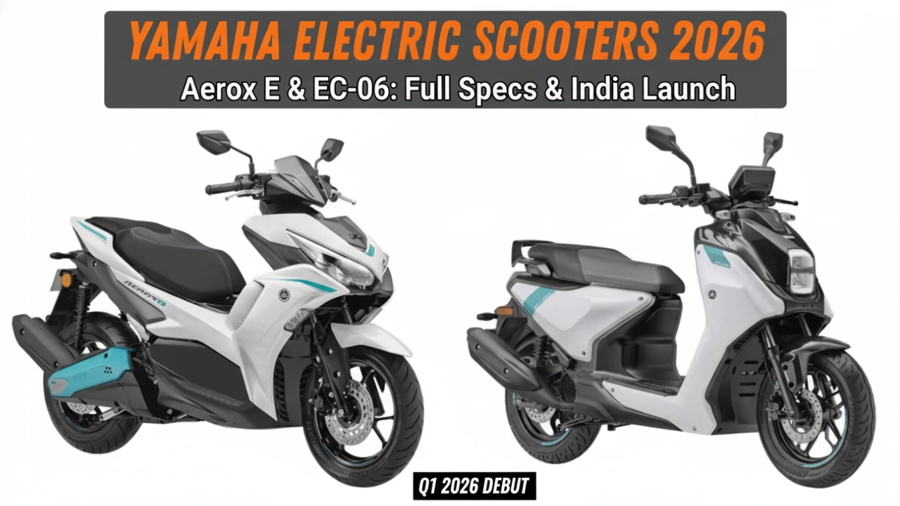 Thumbnail image showcasing the white and teal Yamaha Aerox E and Yamaha EC-06 electric scooters side-by-side. The image includes text overlays: 'YAMAHA ELECTRIC SCOOTERS 2026' in a prominent headline, 'Aerox E & EC-06: Full Specs & India Launch' as a subtitle, and 'Q1 2026 Debut' indicating the launch timeline for these new Yamaha electric scooters.