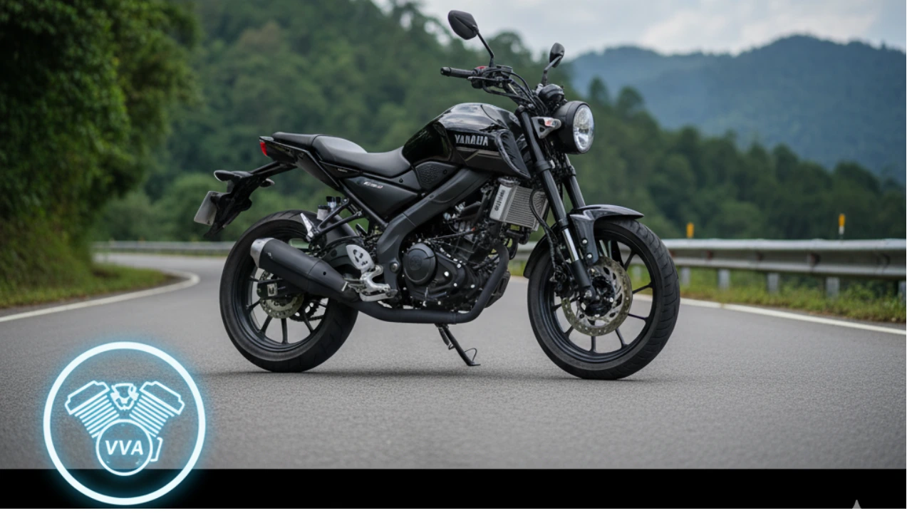 "Yamaha XSR 155 motorcycle in a dynamic riding position on a winding road with mountains in the background. The image has a headline 'UNLEASHING THE POWER, YAMAHA XSR 155 ENGINE PERFORMANCE' and a graphic indicating 'VVA TECHNOLOGY'."