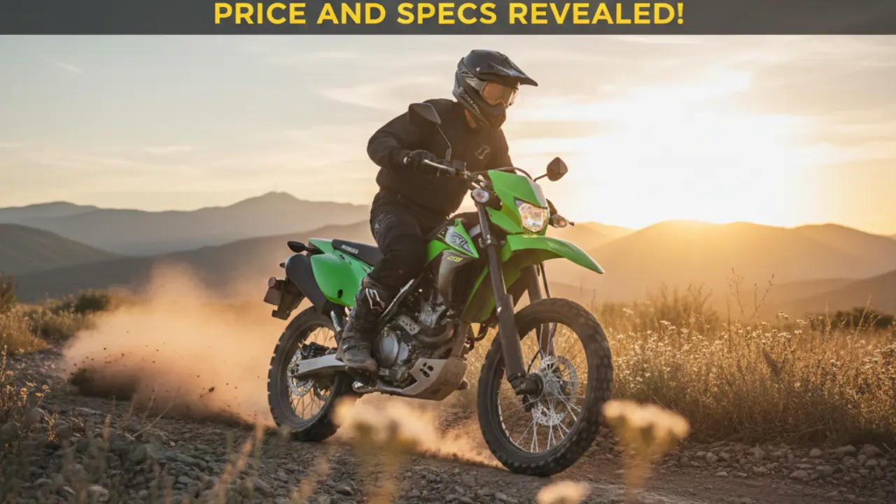 Rider on the 2026 Kawasaki KLX 230 Dual Sport on a dirt trail at sunset showcasing design price and specs