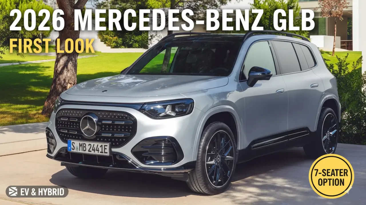Front view of the 2026 Mercedes-Benz GLB showcasing the updated design, LED headlights, and 7 seater EV and hybrid option