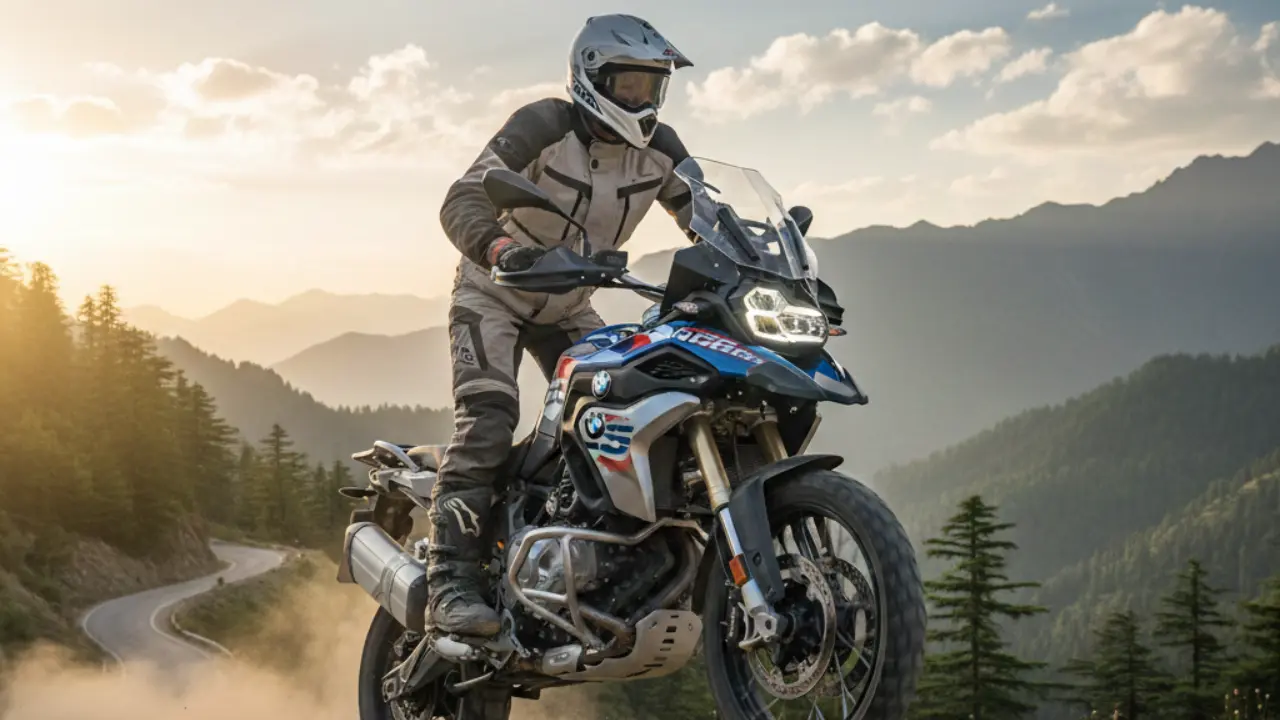 Rider on BMW F 450 GS showcasing Easy Ride Clutch technology during off-road performance on mountain trail