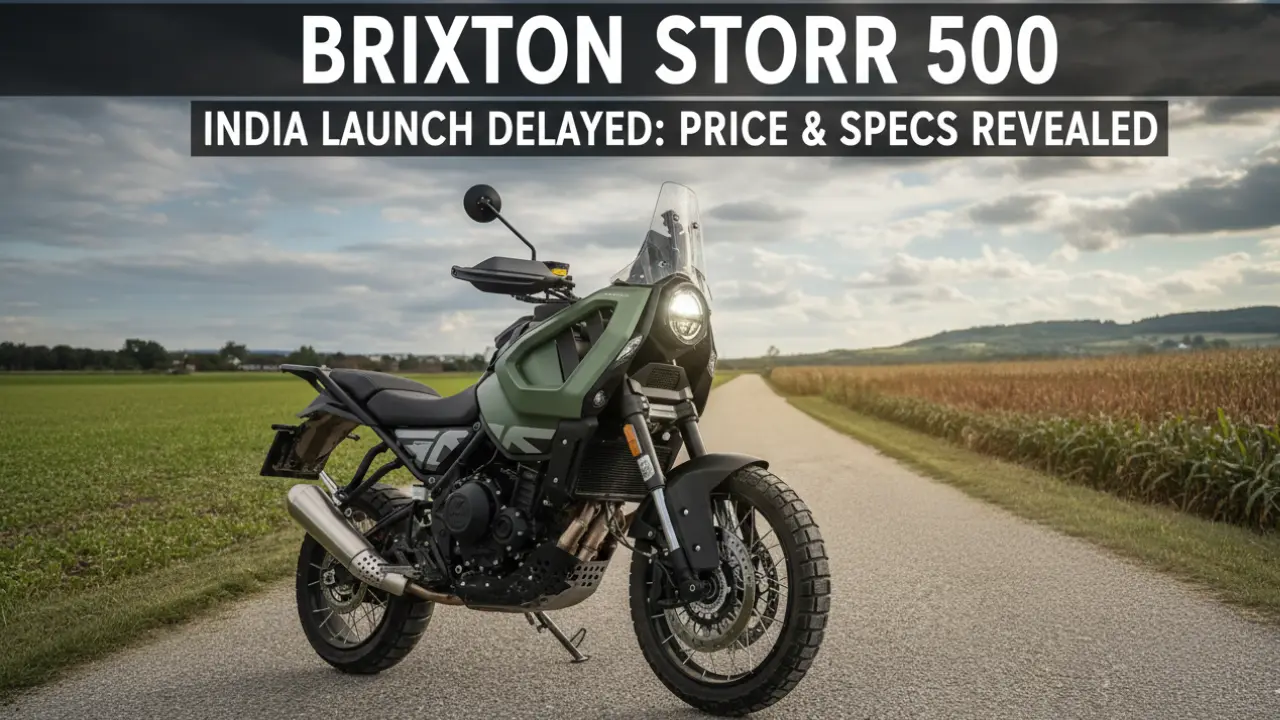 Brixton Storr 500 adventure bike shown in green colour with adventure styling on an open road, highlighting design, price and specs