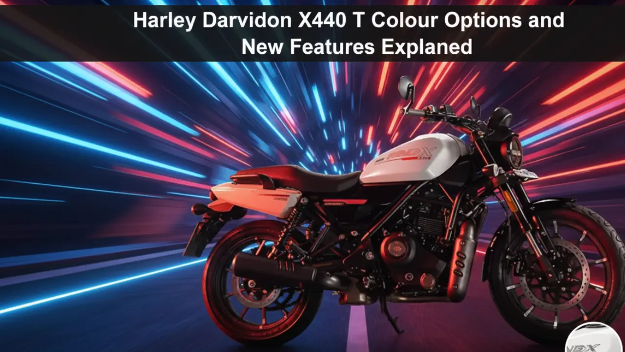 Harley-Davidson X440 T motorcycle showcasing Pearl White and Pearl Red colour options with new feature highlights