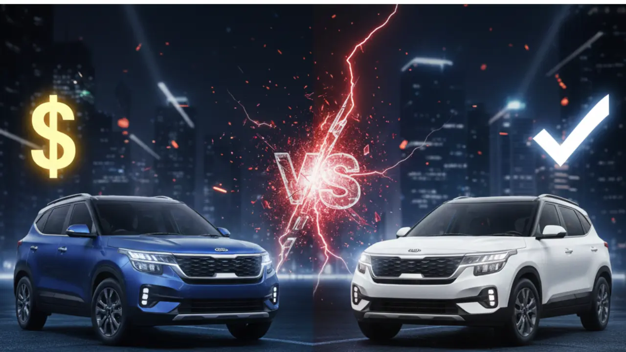 Kia Seltos HTX vs HTK+ smarter buy comparison image showing HTK+ and HTX variants side by side with visual indicators of price and value.