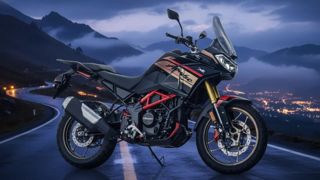 Side view of the TVS Apache RTX 300 20th Anniversary Edition in Black and Champagne Gold livery with red accents, parked on a mountain road at dusk.